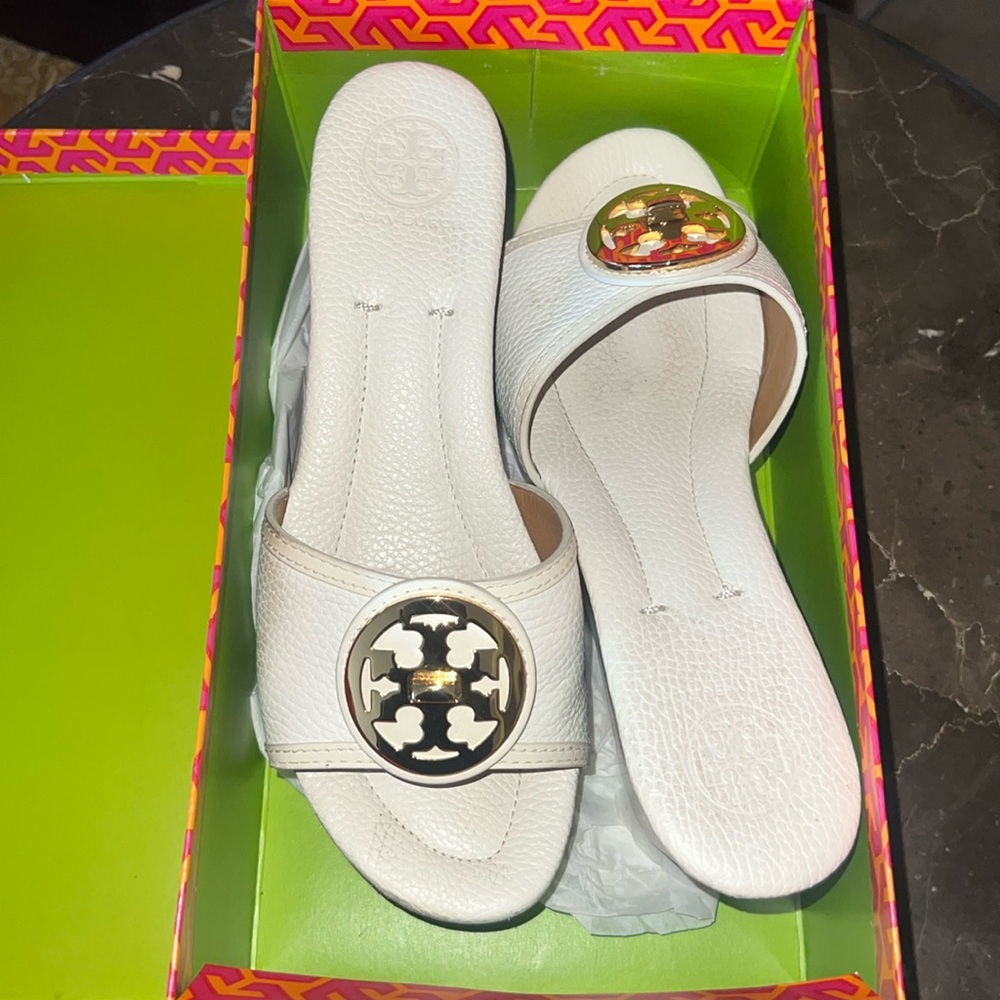 White and Gold Tory Burch Wedges